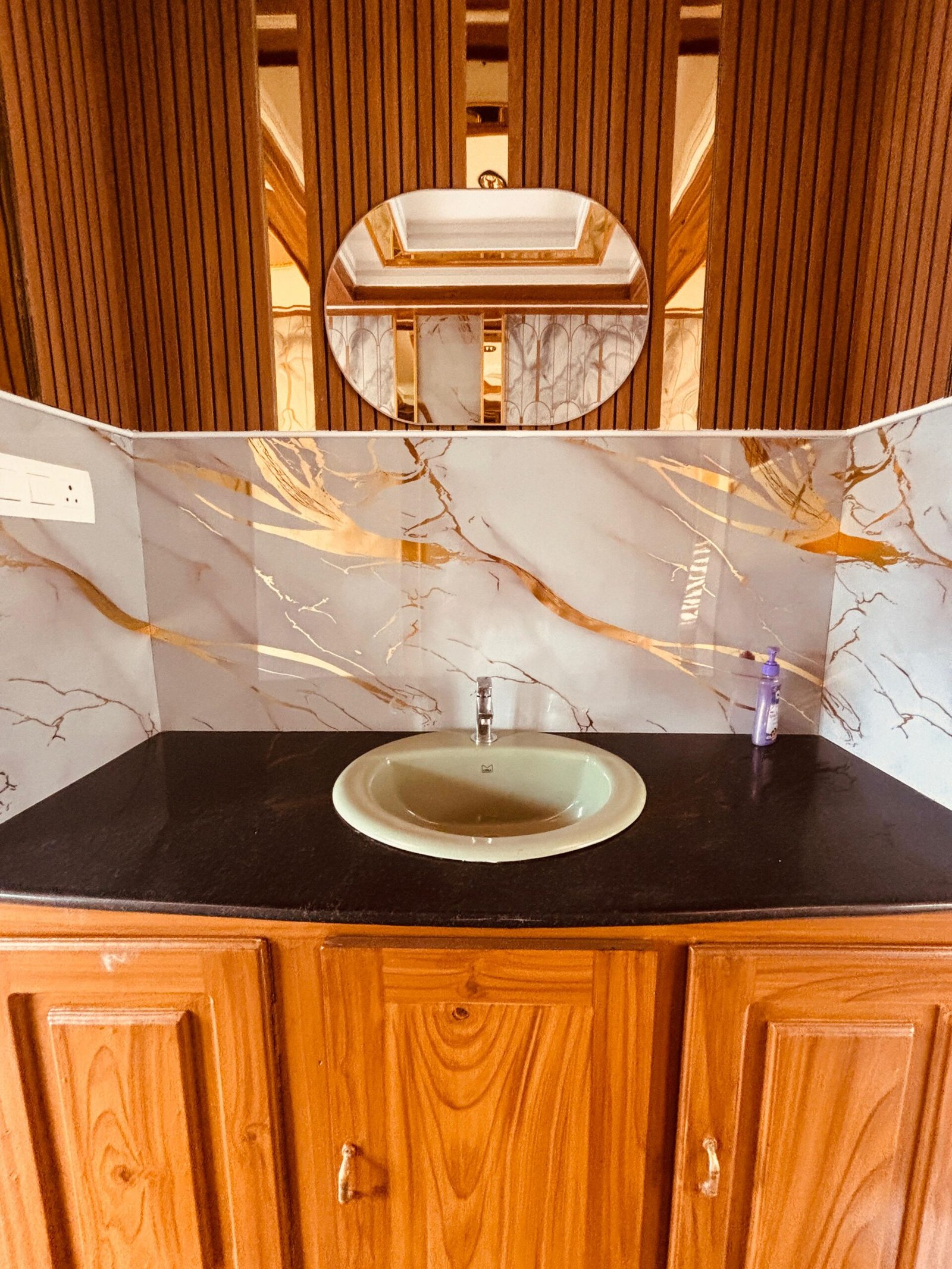 Houseboat Washbasin Setup Aesthetic modern washbasin setup featuring an elegant mirror and wooden cabinetry inside an Alleppey backwater cruise boat.