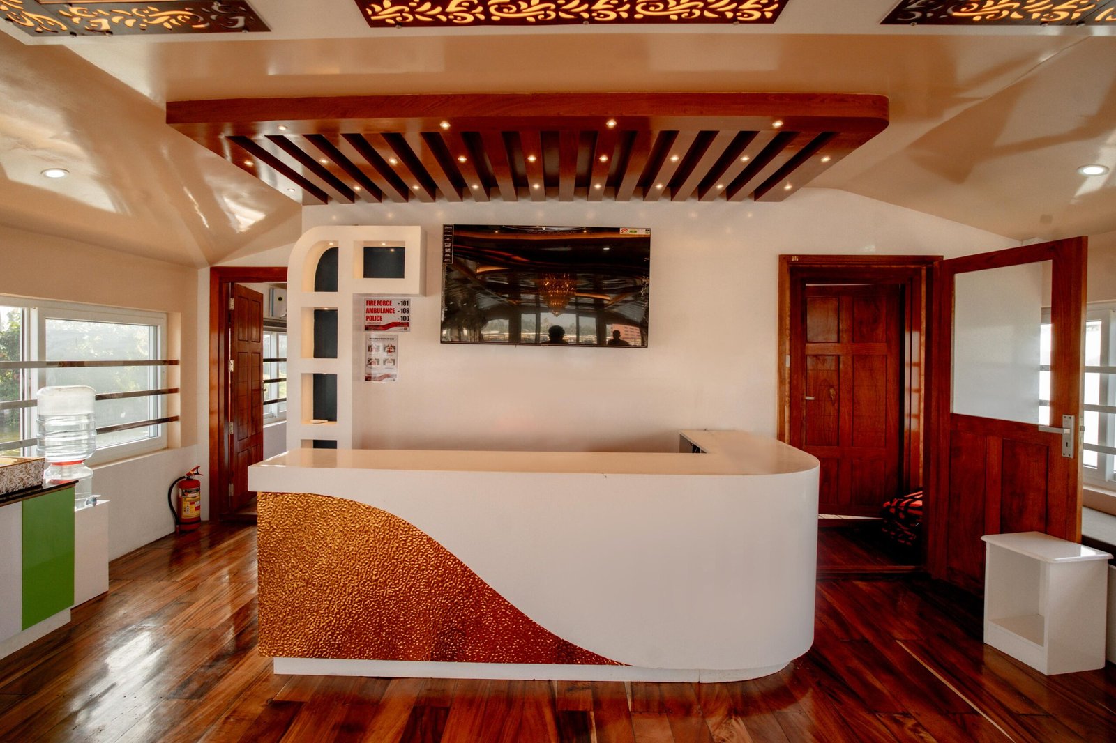Modern reception and welcome counter area inside the spacious houseboat
